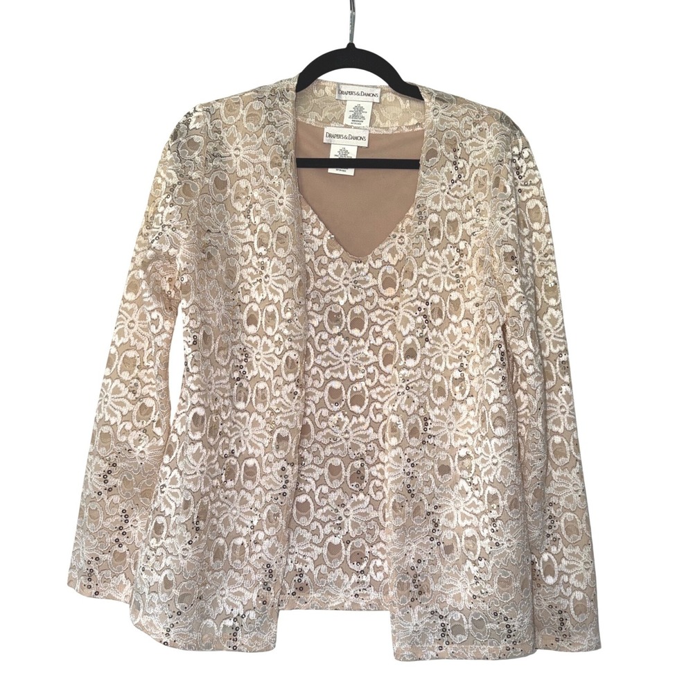 Drapers & Damons Womens Medium 2pc Lace Sequin Jacket and Tank Set Champagne